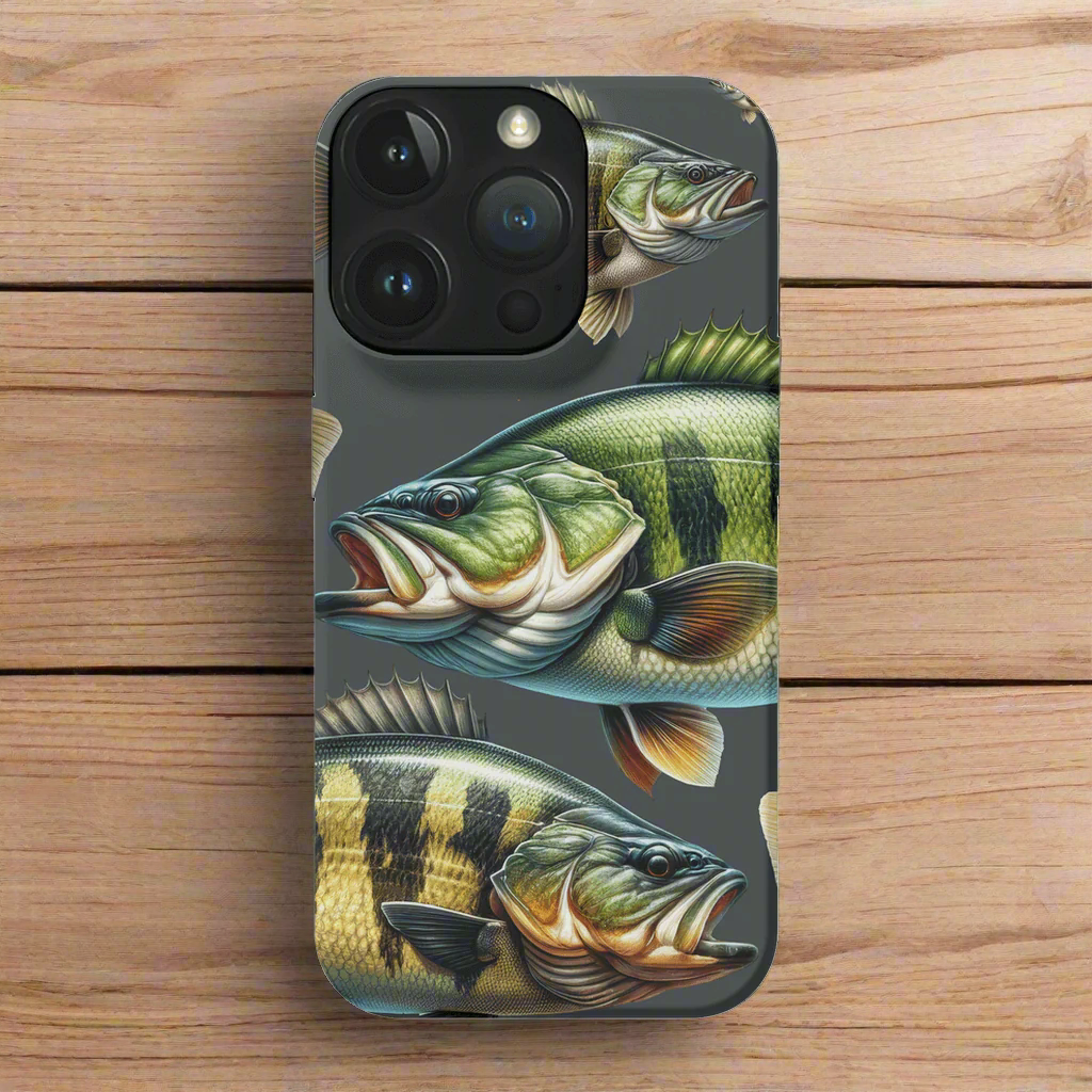 Largemouth Bass phone case on a wooden table.