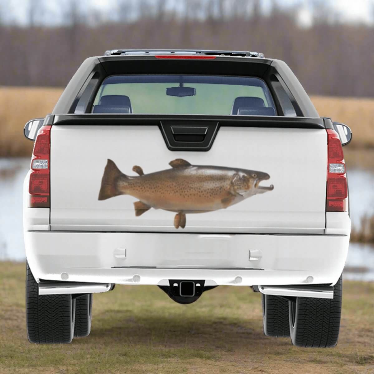 Large Brown Trout decal on the rear panel of a pickup truck, parked by a river.