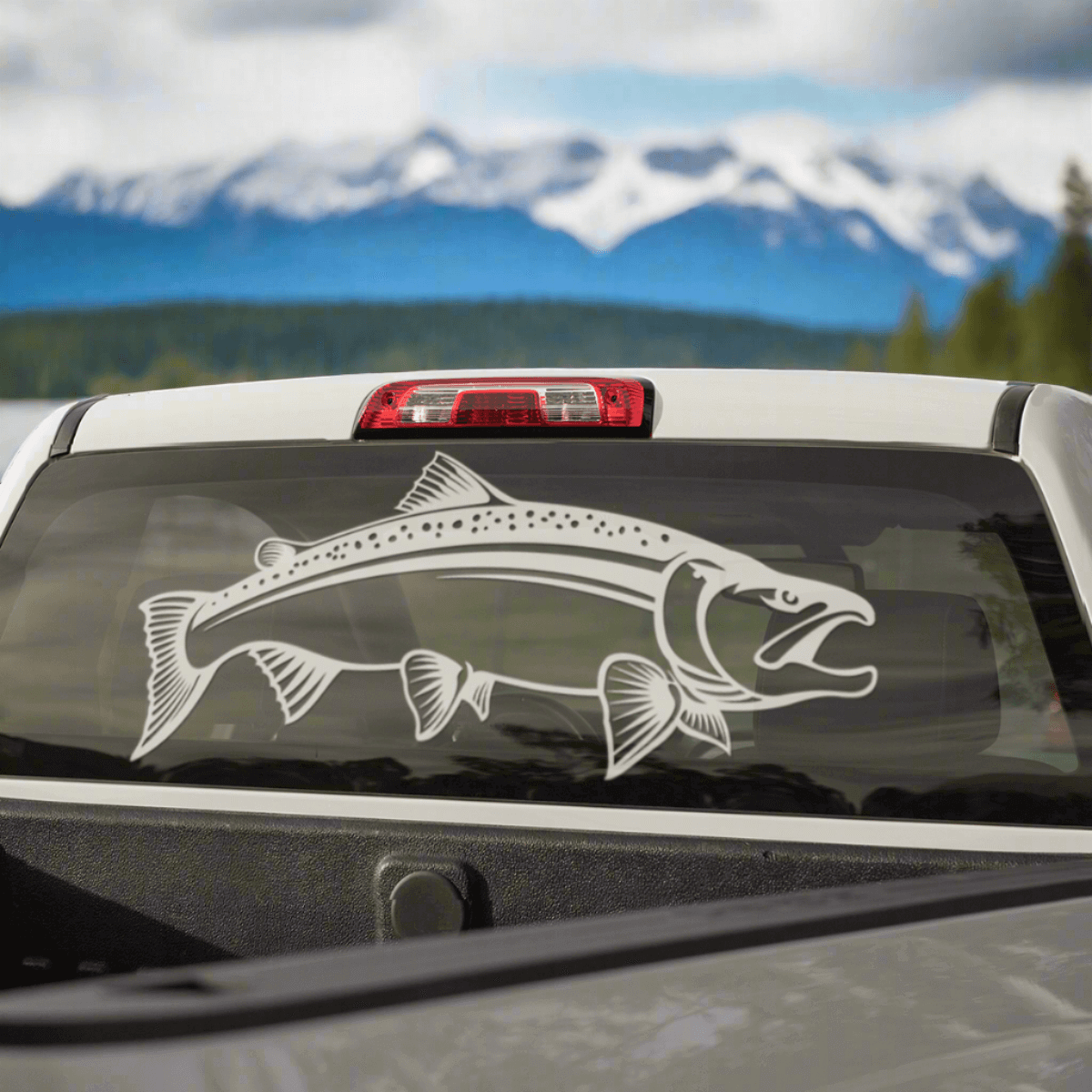 Coho Salmon Decal on a Truck with mountains in the background.