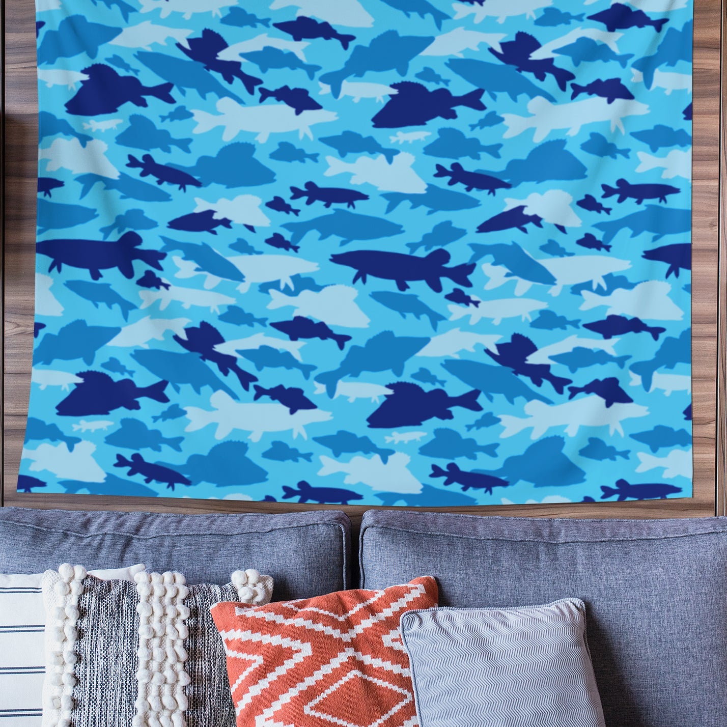 Fish Cammo design Tapestry hanging on a living room wall.