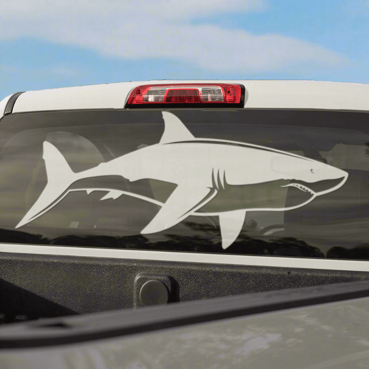 Large Great White Shark Decal, white color, on the rear window of a pickup truck.