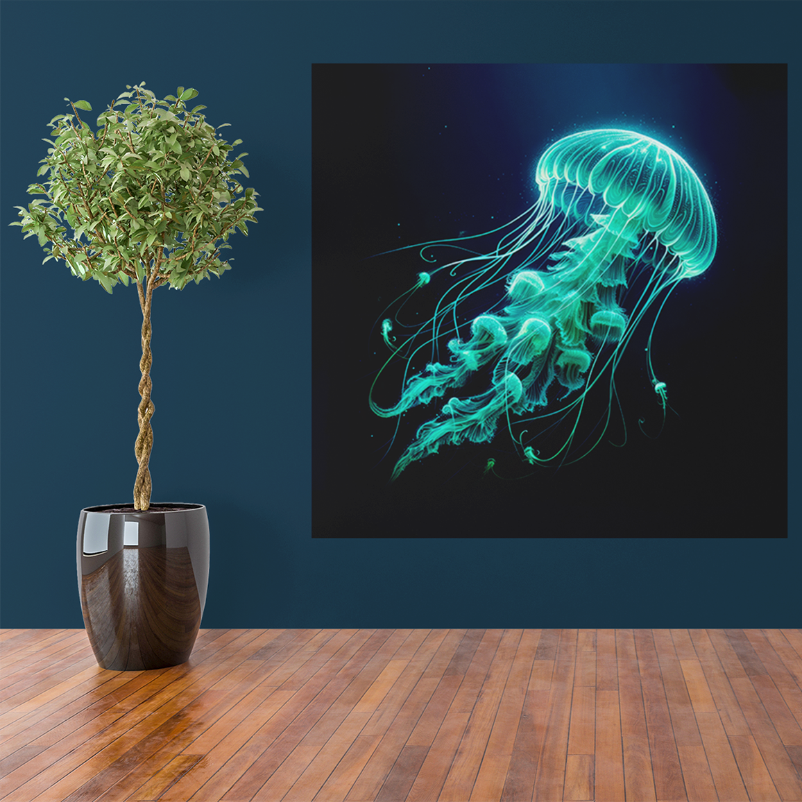 Jellyfish print hanging on a living room wall.