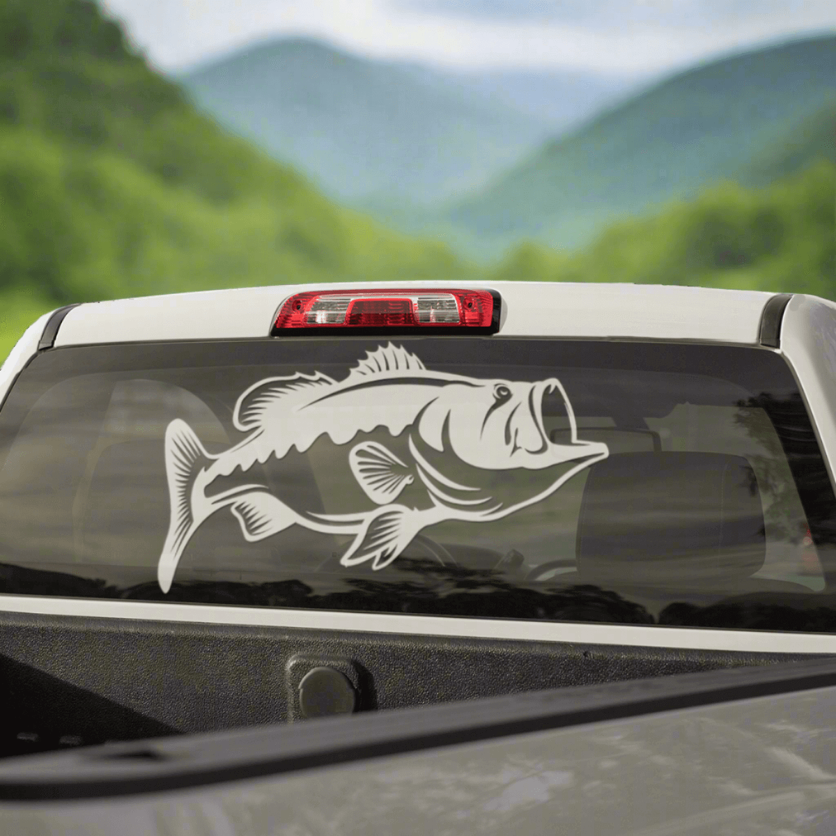 Largemouth Bass white colored Window Decal on a truck.