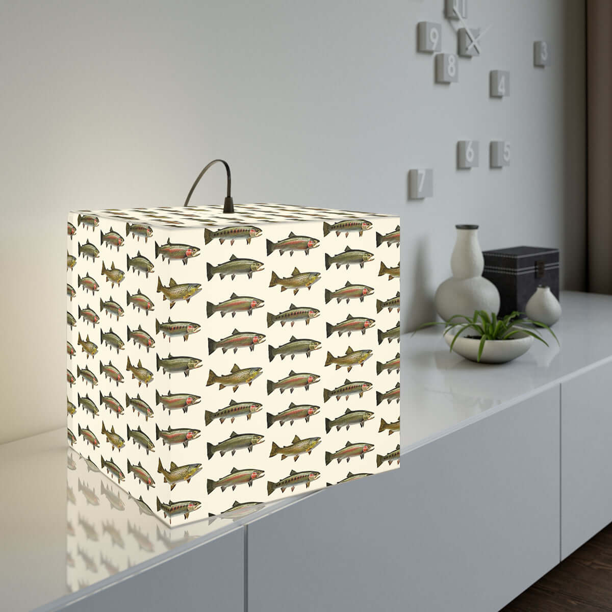 A unique cube lamp with a pattern of mixed Trout.