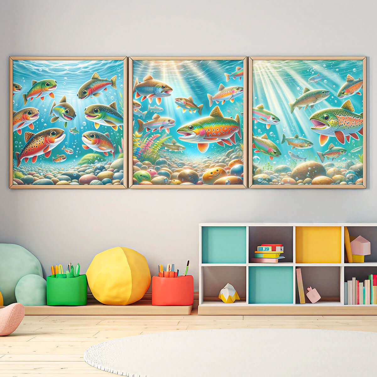 Framed Children's Fish Decor Wall Art. Featuring Trout species on a nursery wall.