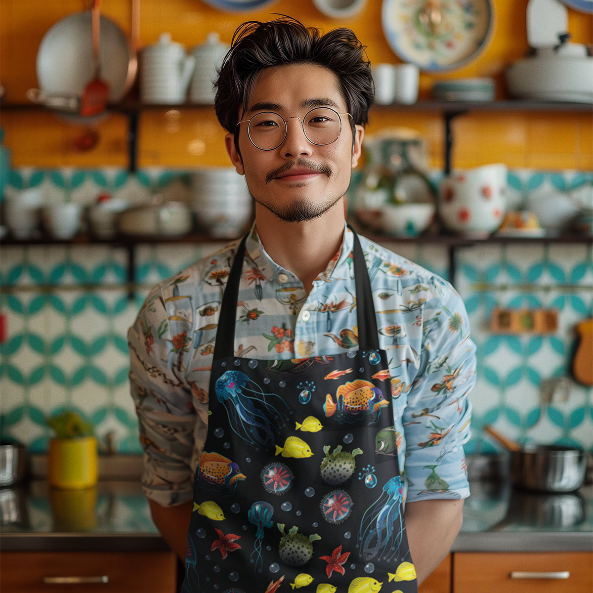 Man wearing an apron with a deep sea fish and jellyfish design.