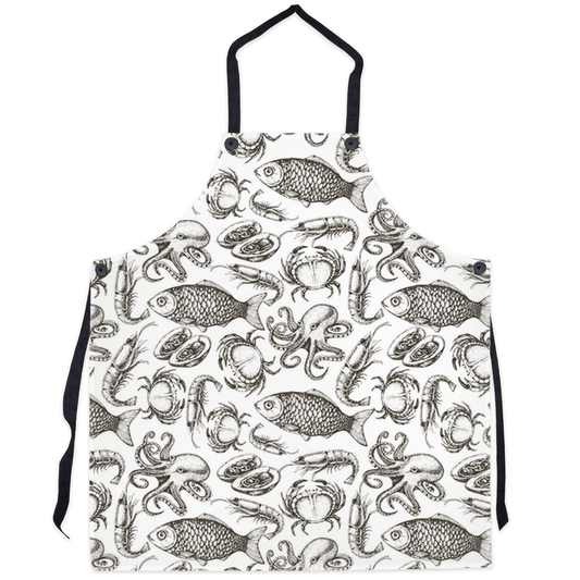 Black and white seafood sketch apron with marine life designs, perfect for kitchen style and elegance