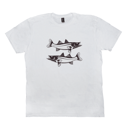 Snook T-Shirt with black and white fish design on white cotton, ideal for fishing enthusiasts and anglers.