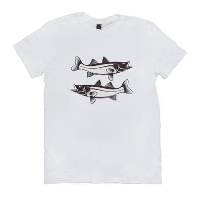 Snook fishing t-shirt with black and white fish design, ideal for anglers and fishing enthusiasts.