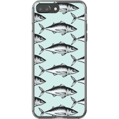 Clear phone case with black and white fish pattern on a light blue background.