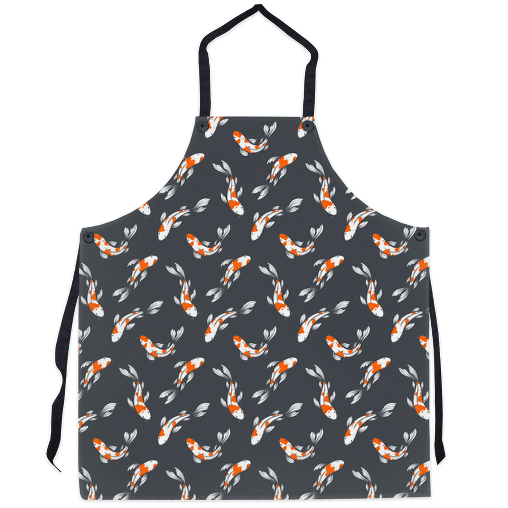 Black apron with vibrant carp and koi fish design, perfect for fish enthusiasts and adding elegance to kitchen or craft activities.