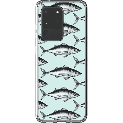 Clear phone case with fish pattern design on blue background.