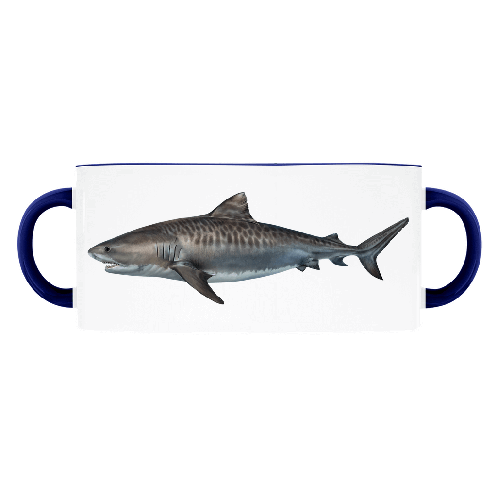 Double-handled mug with a realistic illustration of a tiger shark, featuring blue handles and a white background.