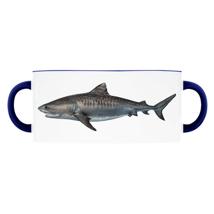 Double-handled mug with a realistic illustration of a tiger shark, featuring blue handles and a white background.