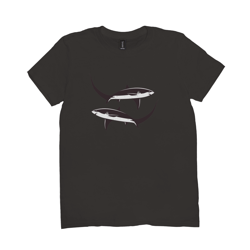 Thresher Shark T-Shirt with black and white design featuring elongated tail, ideal for fish, fishing, and angling enthusiasts.