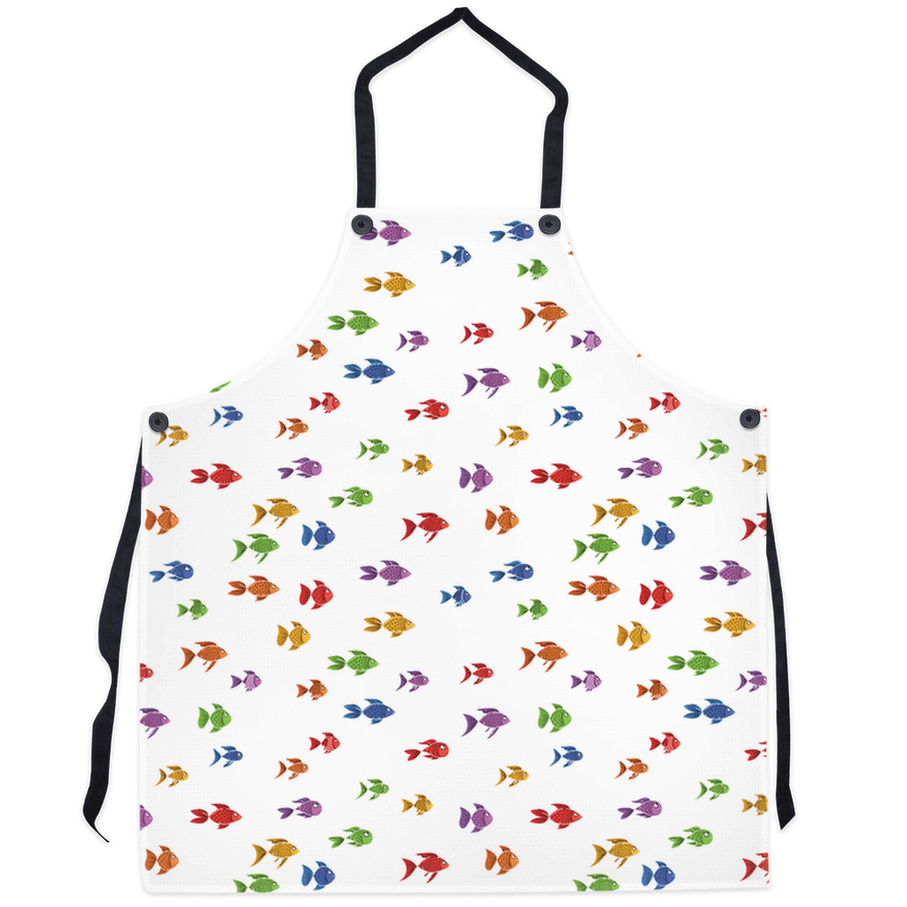 Vibrant colorful fish pattern apron on a white background, perfect for adding a playful marine touch to your kitchen cooking and baking.