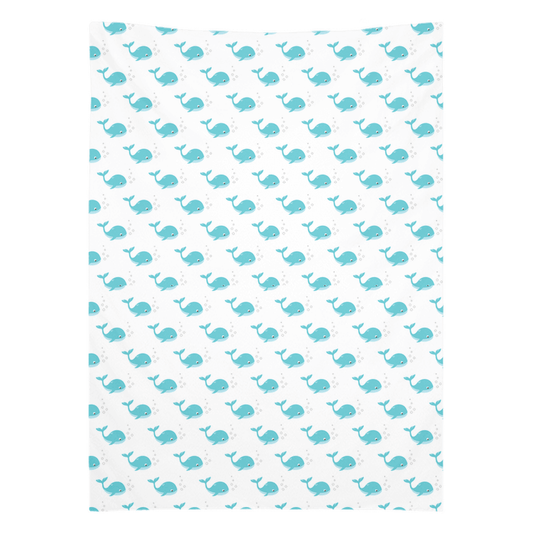 Cute whale wall tapestry featuring vibrant blue whale pattern, perfect for fish themed wall art in any room.