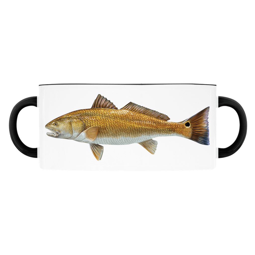 Redfish illustration on a two-handled mug with black accents.