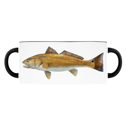 Redfish illustration on a two-handled mug with black accents.