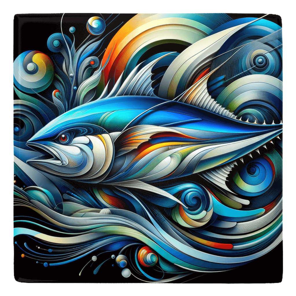 Abstract saltwater fish décor with vibrant colors and swirling patterns on a metal magnet.