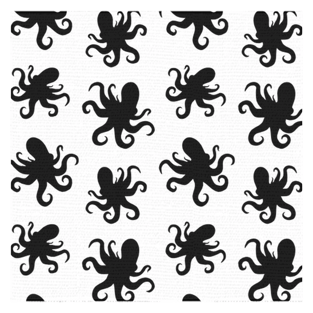 Black octopus design on white tablecloth, perfect for aquatic-themed dining.