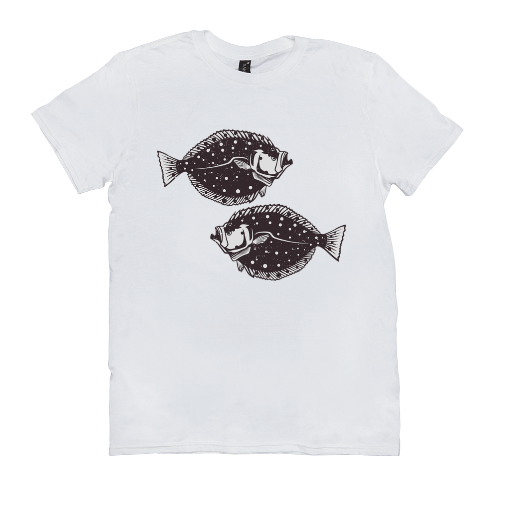 White Flounder T-Shirt with black fish design, perfect for fishing, angling, and sea lovers.