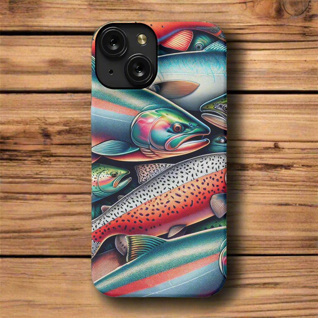 Trout Phone Case on a wooden table.