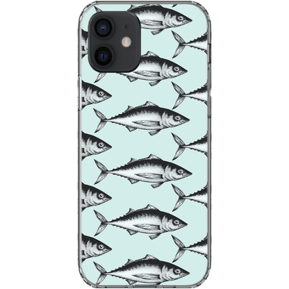 Transparent phone case with fish pattern on light blue background.