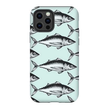 "Vintage fish illustration phone case with blue background design"