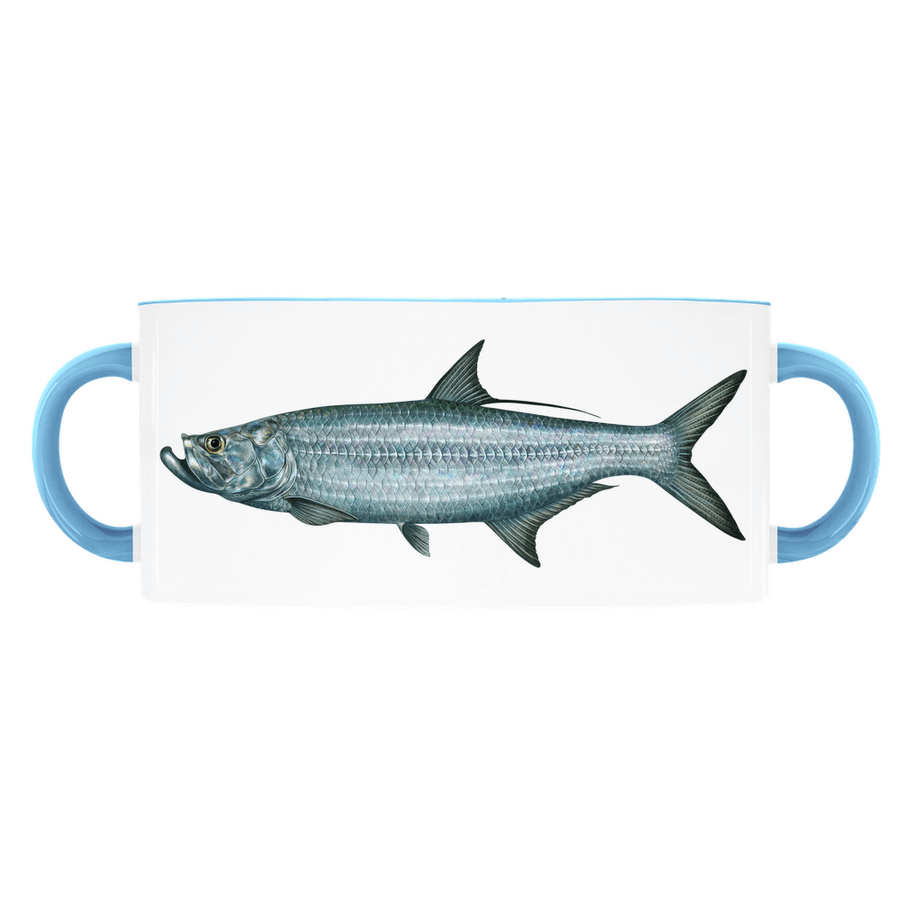 Tarpon fish illustration on a white mug with blue handles.