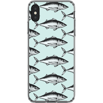 "Clear phone case with black fish pattern on light blue background"