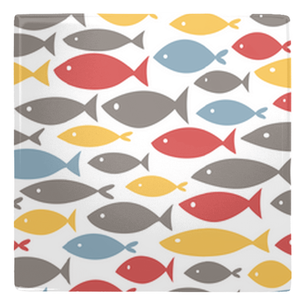 Colorful fish decor pattern featuring red, yellow, and blue fish shapes on a white background, perfect for fun fridge magnets.