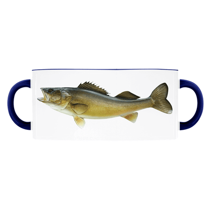 "White mug with a double handle featuring a realistic print of a fish on the side"