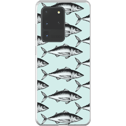 Smartphone case with vintage fish pattern on a light blue background.