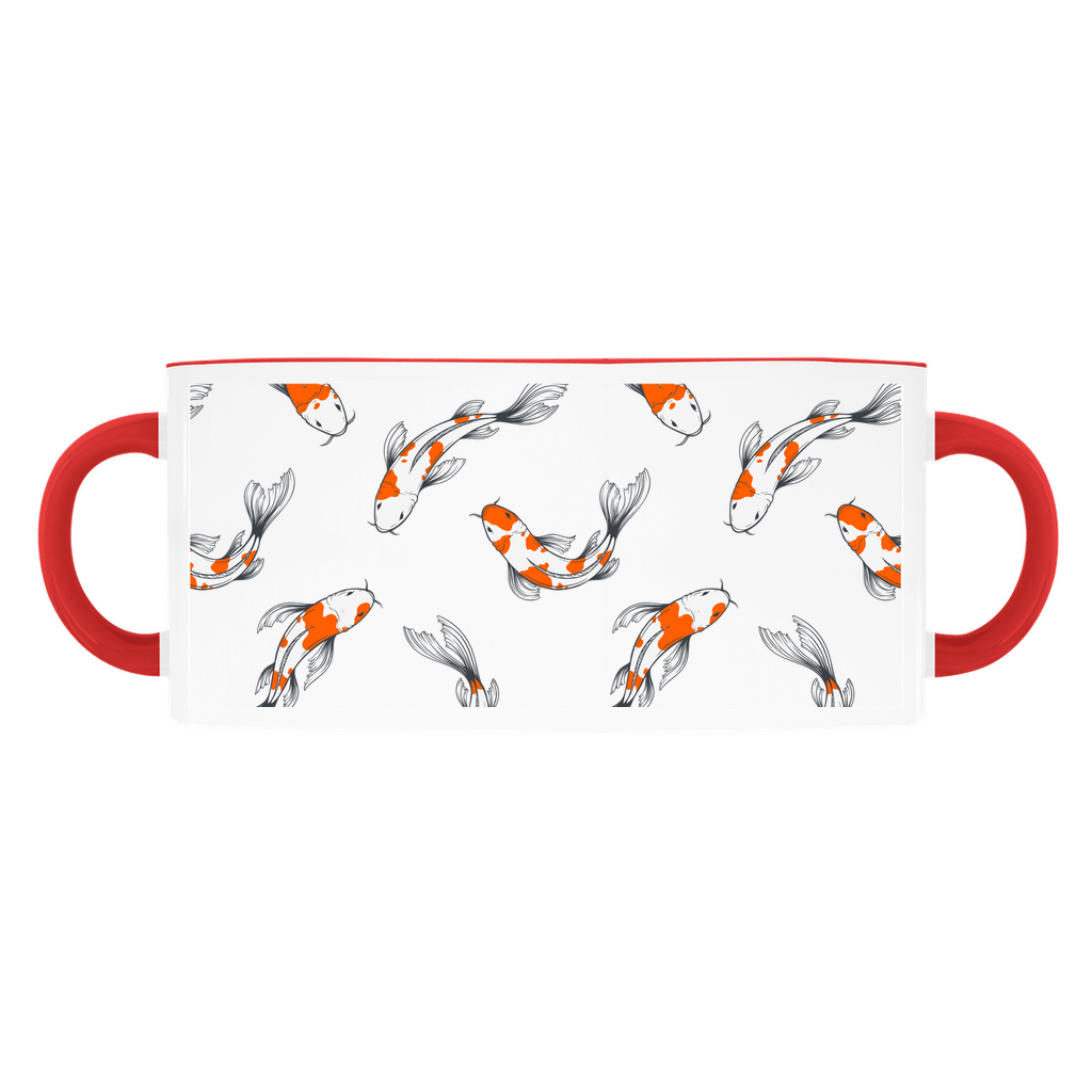 Koi Fish mug on a light blue background, with a black handle and rim.