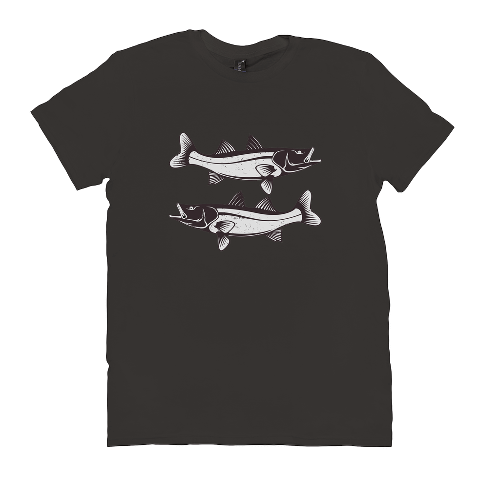 Black Snook T-Shirt with sleek black and white fish design, perfect for fishing and angling enthusiasts, 100% cotton for comfort.