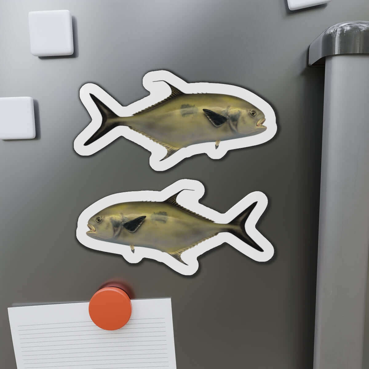 Florida Pompano fish shaped magnets on a refrigerator door, perfect for fish décor and fun kitchen magnets.