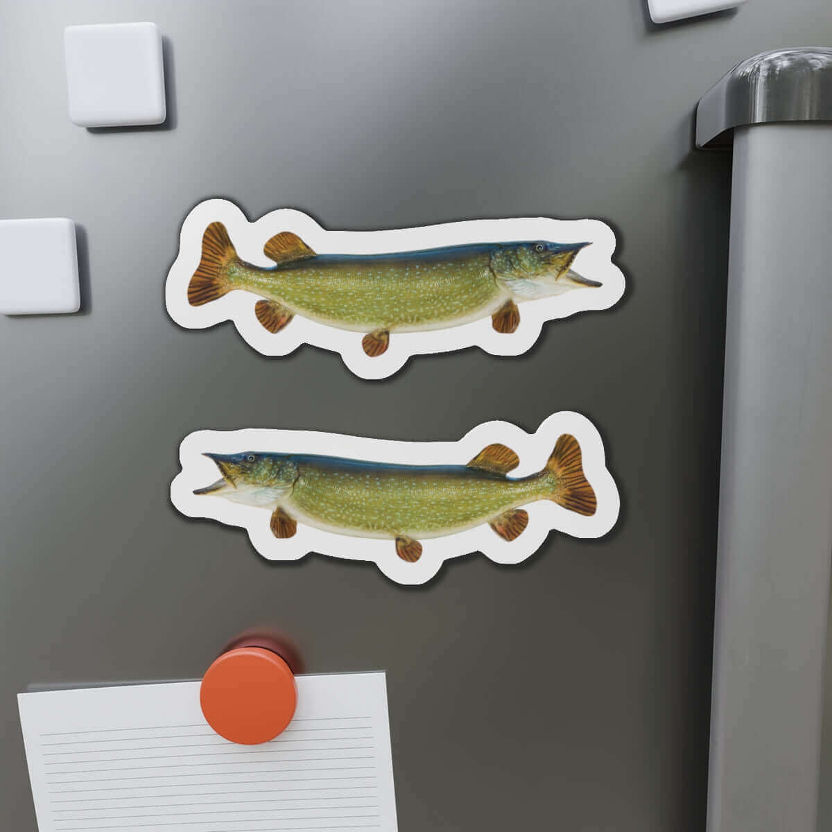 Northern Pike fish-shaped magnets on a fridge door, showcasing fun fish décor for fishing enthusiasts.