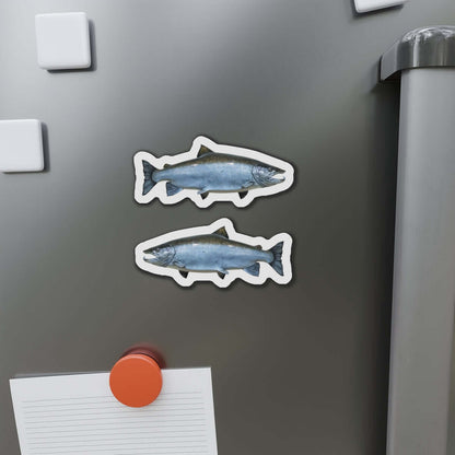 Atlantic Salmon shaped magnets on a fridge door, perfect for fish décor and fun kitchen magnets enthusiasts.