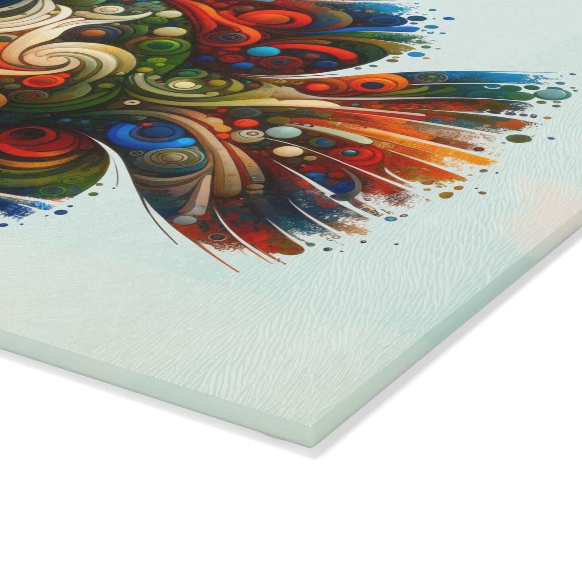 Colorful psychedelic fish design on glass cutting board