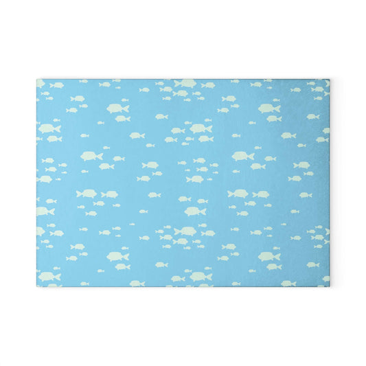 Blue White Fish Design Glass Cutting Board with vibrant fish pattern on durable tempered glass