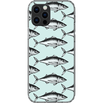 Phone case with a pattern of fish design on light blue background.