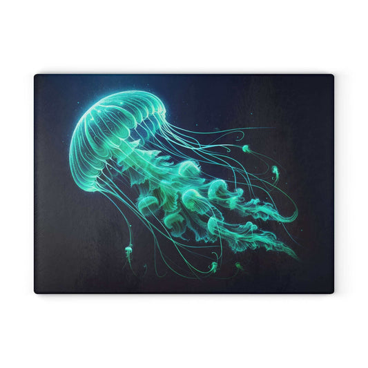 Vibrant deep sea jellyfish design on a glass cutting board