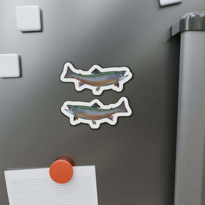 Brook Trout fish magnets on a fridge door, perfect for fishing enthusiasts or anyone who loves nature-themed home décor.