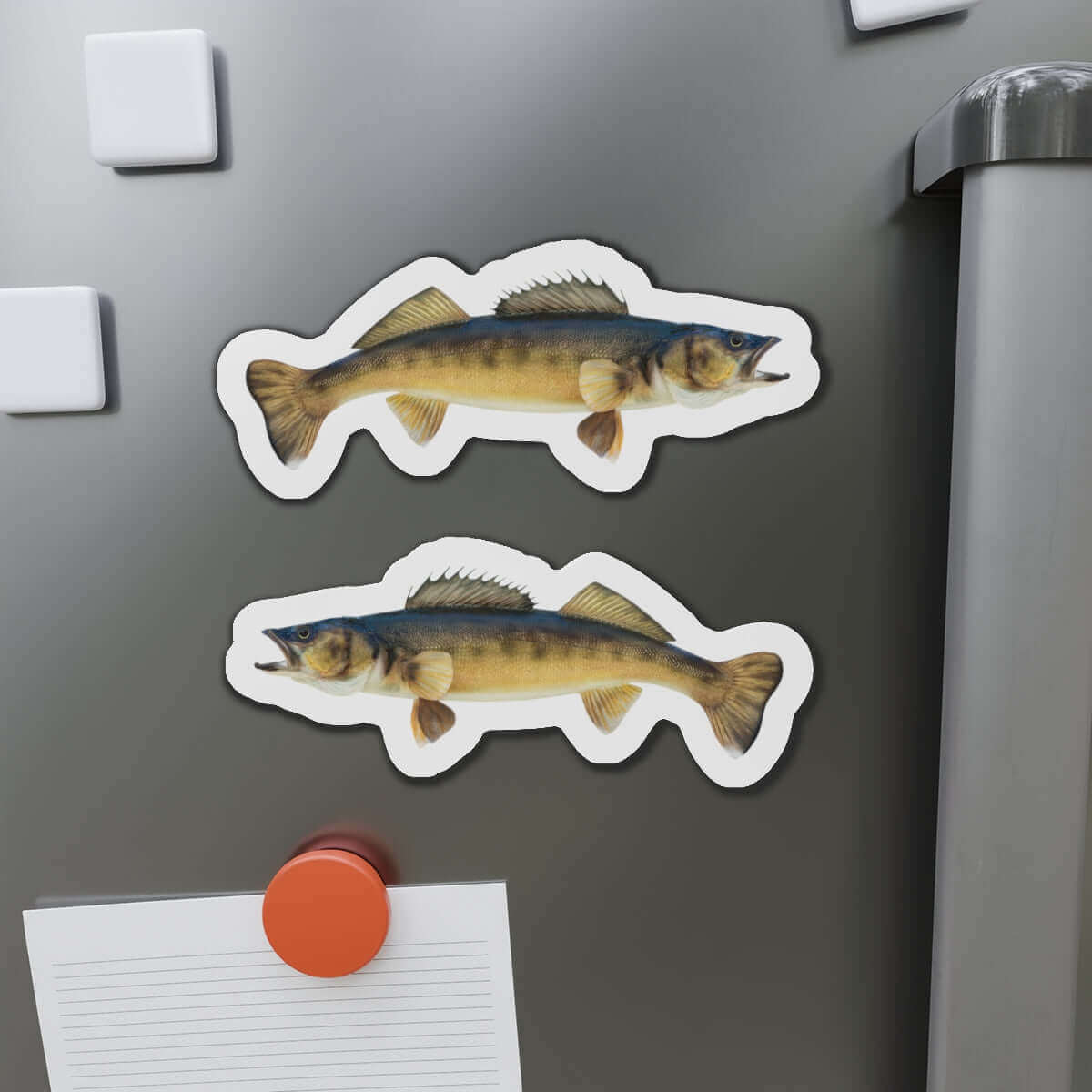 Walleye fish shaped magnets on refrigerator for fish décor enthusiasts