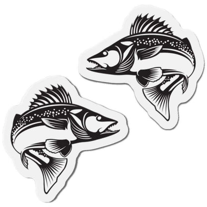 Walleye fish shaped magnets in black and white, perfect for fish décor and fun fridge magnets for fishing enthusiasts.