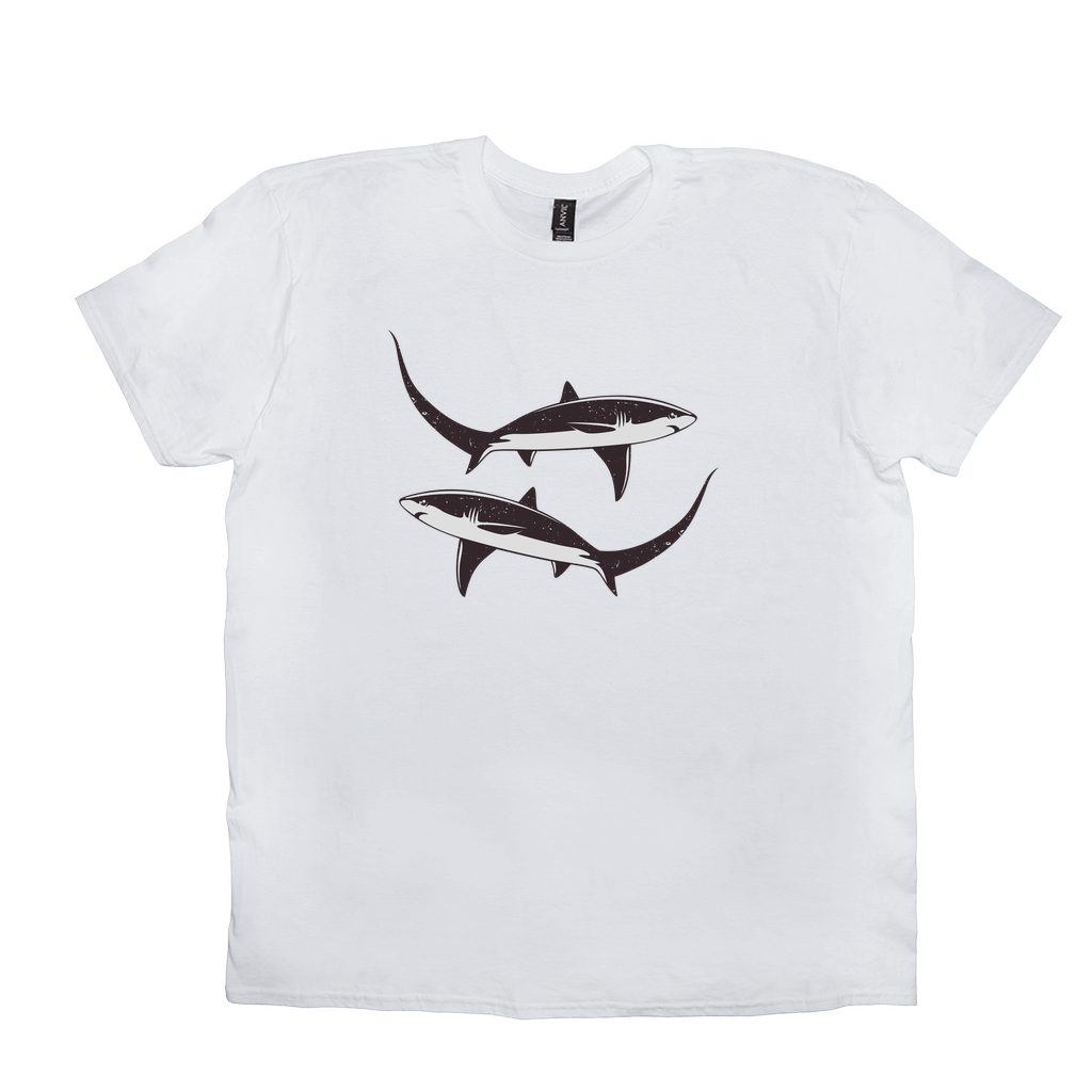 Thresher Shark T-Shirt with black and white fish design, ideal for fishing and angling enthusiasts. 100% cotton for comfort and durability.