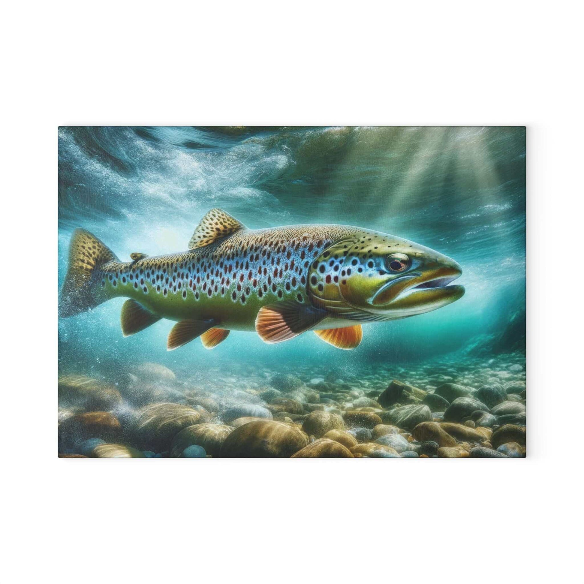 Brown Trout Glass Cutting Board with vibrant fish design against underwater background, perfect for kitchen decor and food prep