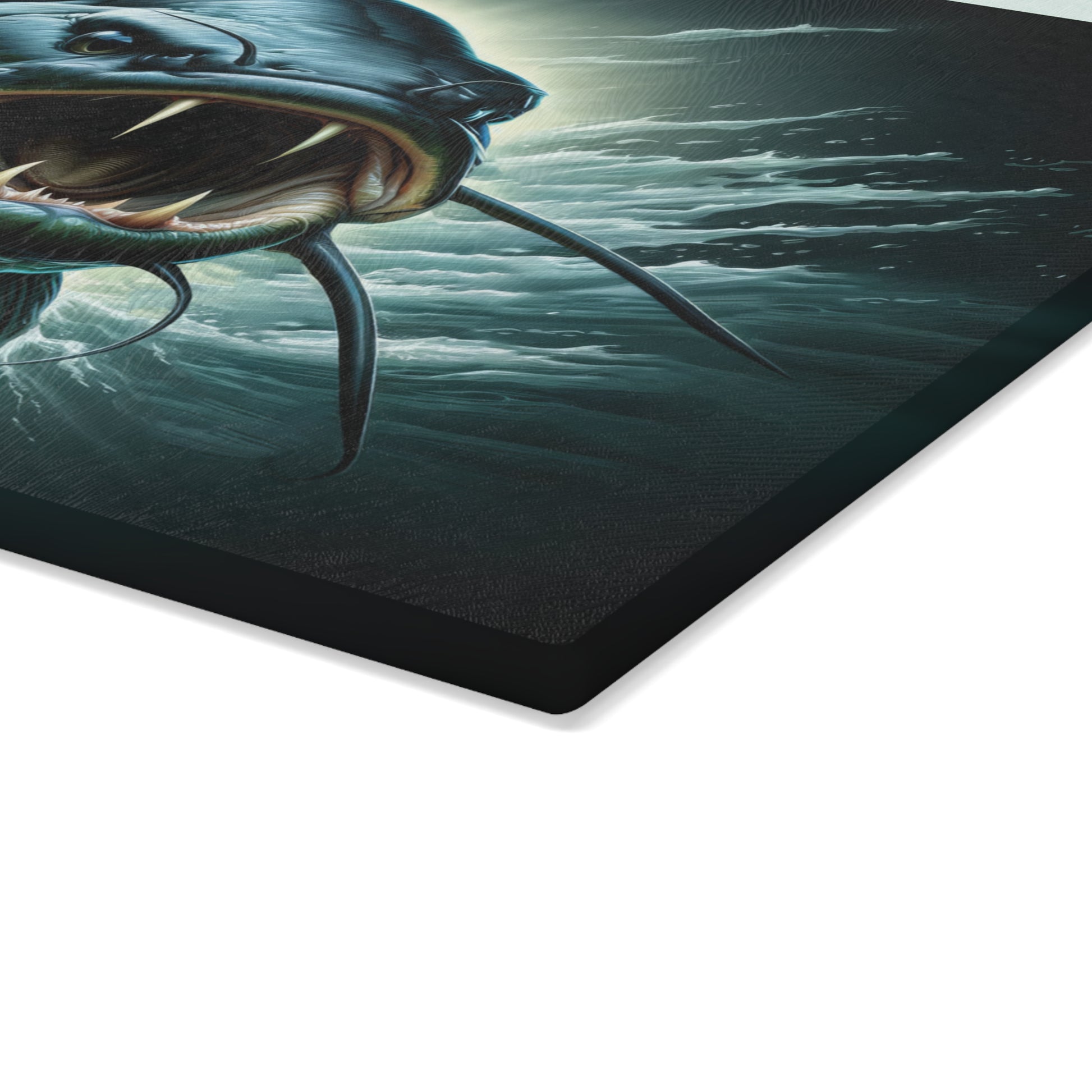 Vibrant catfish design on a durable glass cutting board for stylish kitchen decor.