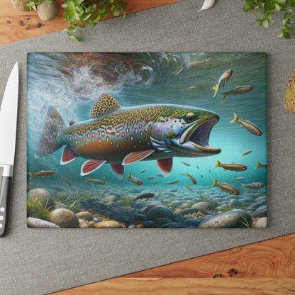 Vibrant Brook Trout Glass Cutting Board on kitchen counter next to knife and herbs.